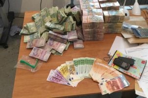 Counterfeit euro notes on display after a Europol bust