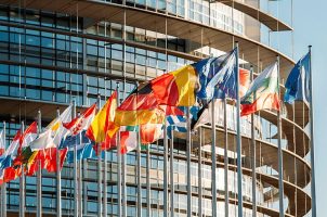 Flags of the European Union countries flying at the EU's headquarters