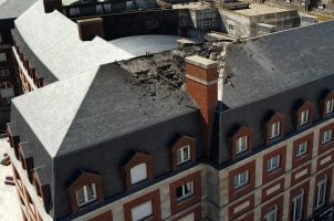 The fire-damaged roof of the Central Casino in Mar del Plata, Argentina