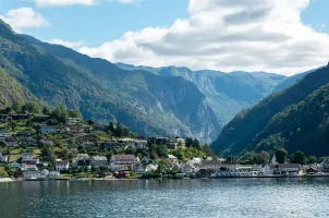 A hamlet of Bergen, Norway, seen from a waterway