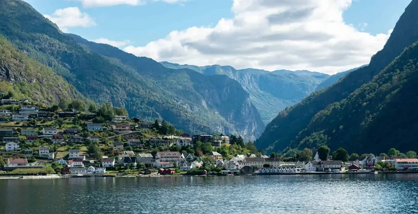 A hamlet of Bergen, Norway, seen from a waterway