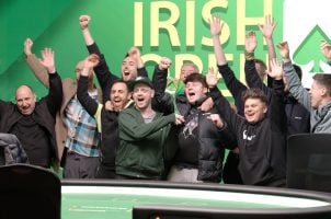 David Docherty (center, green jacket) with others celebrating his Irish Poker Open Main Event title