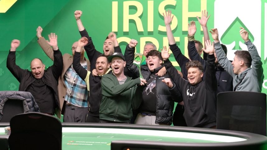 David Docherty (center, green jacket) with others celebrating his Irish Poker Open Main Event title