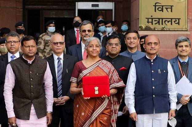 India's Finance Minister Nirmala Sitharaman (center) with government officials before presenting India's new budget last year