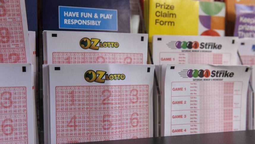 Oz Lotto lottery tickets on display at a store