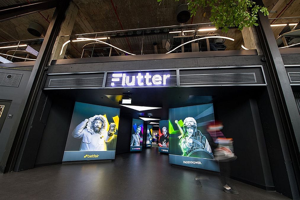 The Flutter Entertainment sign in its office