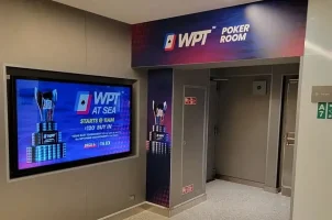 The entrance to the WPT at Sea poker room on Virgin Voyages' Scarlet Lady cruise ship