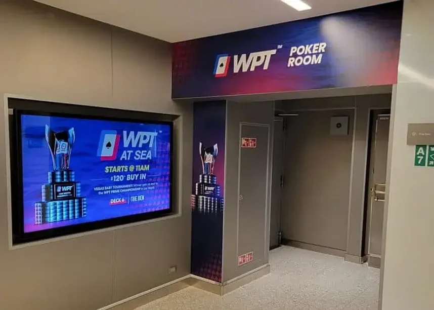 The entrance to the WPT at Sea poker room on Virgin Voyages' Scarlet Lady cruise ship