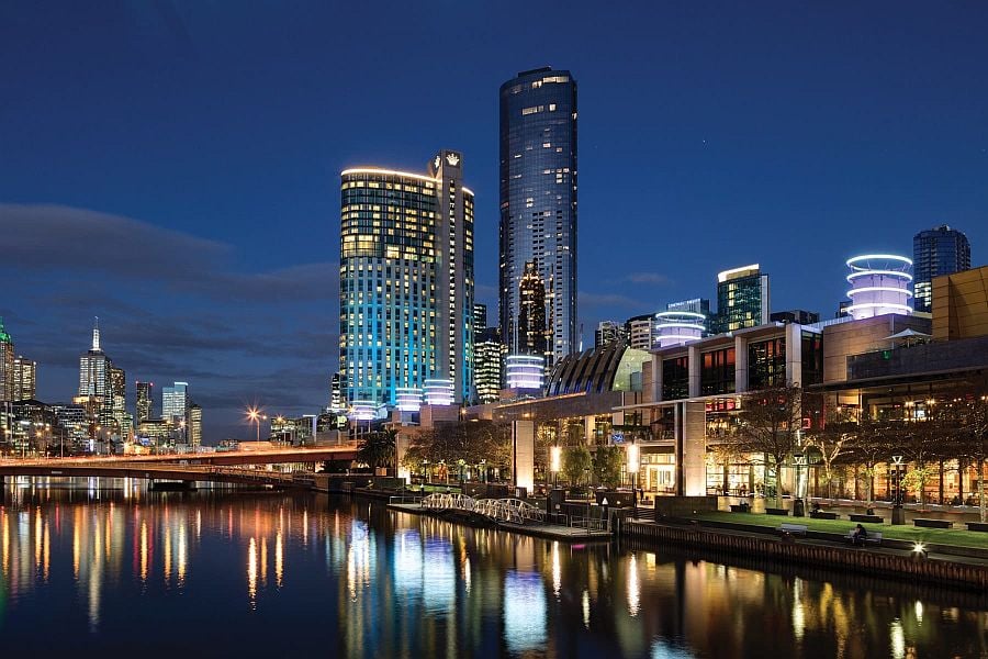 The exterior of Crown Melbourne's property at night