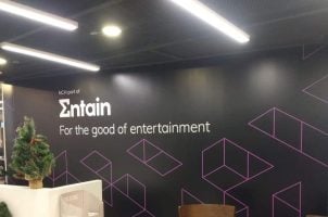 An Entain sign in one of its offices