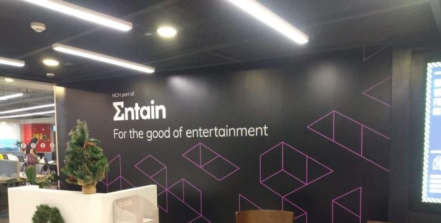 An Entain sign in one of its offices