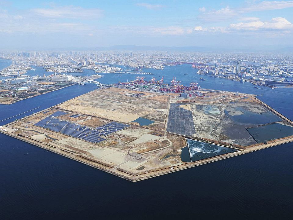 An aerial view of Yumeshima Island, the potential site for a casino resort in Osaka, Japan