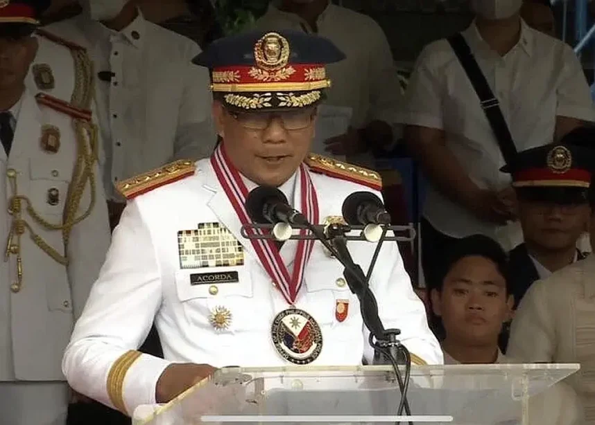 PNP chief Maj. Gen. Benjamin Acorda Jr. delivers a speech during a change of command ceremony in April