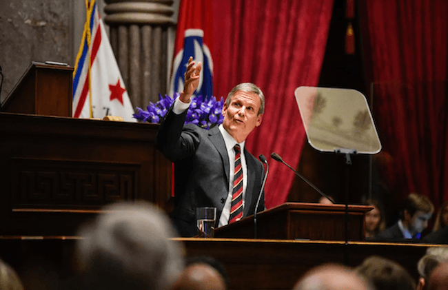 Gov. Bill Lee delivers his 2023 state address on Feb. 6. Lee recently signed Senate Bill 475, which will tax sports betting handle and replace a previous tax structure. (Image:  State of Tennessee)
