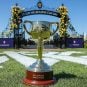 The 2022 Melbourne Cup Trophy in front of the entrance to the race