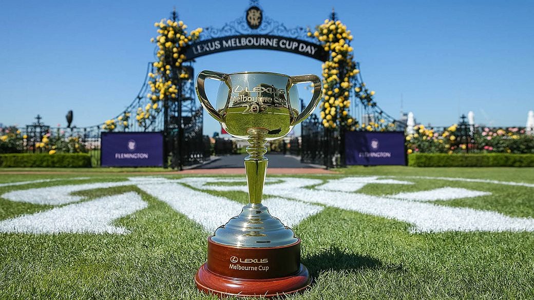 The 2022 Melbourne Cup Trophy in front of the entrance to the race