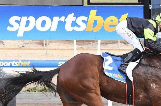 A Sportsbet sign appears behind a jockey and horse during a race