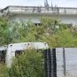 An IPI shuttle bus sits in overgrown vegetation