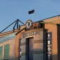 The Chelsea FC sign hangs over Stamford Bridge, its home stadium