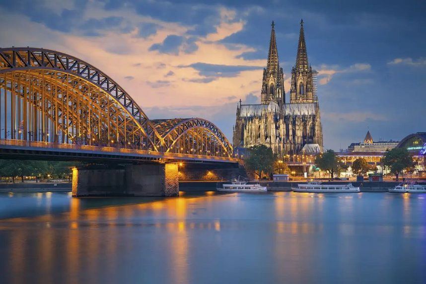 The Cologne Cathedral in Cologne, Germany, at dusk