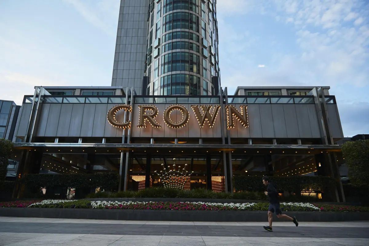 The Crown Resorts logo on the Crown Melbourne casino in Victoria