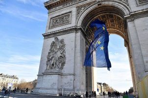 The EU flag flies on the Arc de Triomphe in Paris, France