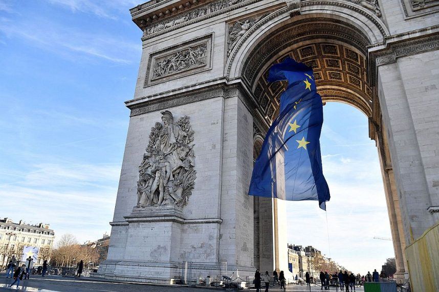 The EU flag flies on the Arc de Triomphe in Paris, France