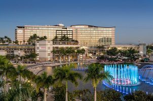 The Sheraton Hotel and Casino Metro complex in San Juan, Puerto Rico, at dusk