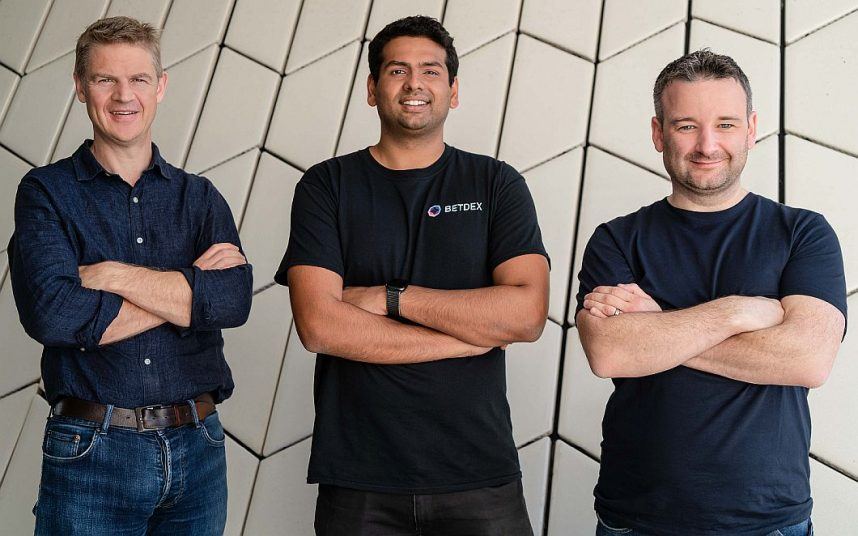 BetDEX co-founders Nigel Eccles, Varun Sudhakar and Stuart Tonner (left to right) in a PR photo