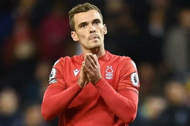 Harry Toffolo on the soccer field for Nottingham Forest during a game