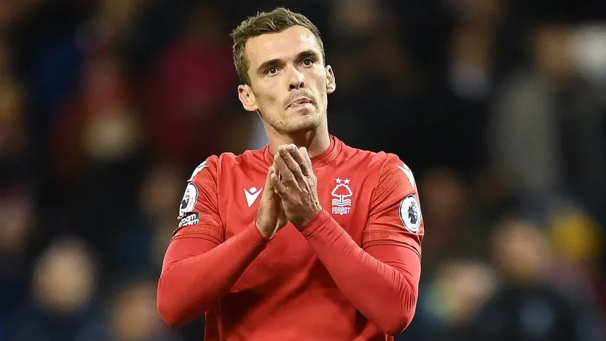 Harry Toffolo on the soccer field for Nottingham Forest during a game