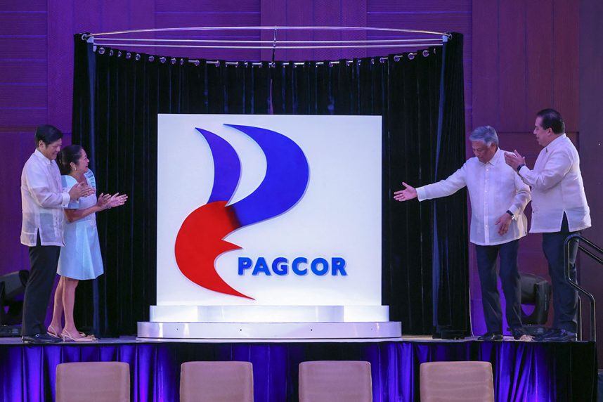 PAGCOR officials and Philippine President Ferdinand R. Marcos attend the unveiling of PAGCOR's new logo