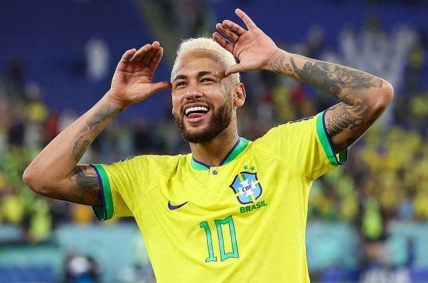 Soccer player Neymar acting up on the field during the FIFA World Cup Qatar 2022 games.