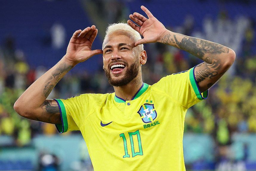 Soccer player Neymar acting up on the field during the FIFA World Cup Qatar 2022 games.