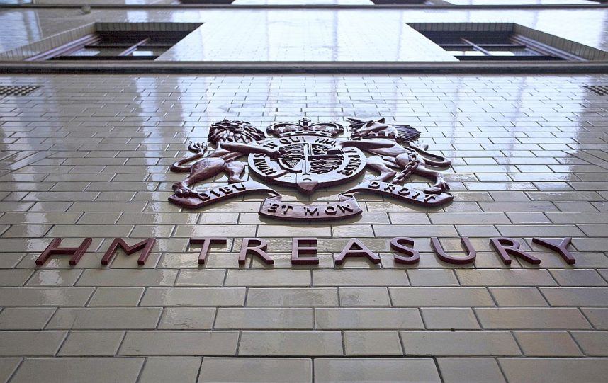 The sign and logo of HM Treasury on its building in London