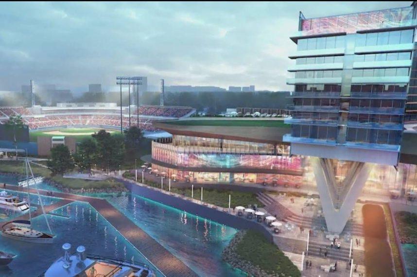 A rendering of the proposed HeadWaters Resort & Casino on the banks of the Elizabeth River in Norfolk adjacent to the city’s minor league baseball ballpark. HeadWaters is a $500 million development being spearheaded by the Pamunkey Indian Tribe and billionaire Jon Yarbrough. (Image: HeadWaters Resort & Casino)
