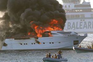 Flames burn out of control on the yacht Irmao off the coast of the Spanish island of Formentera