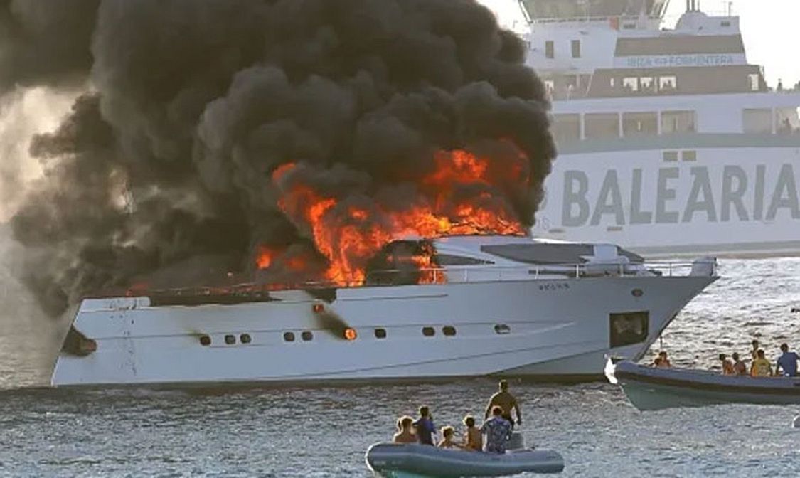 Flames burn out of control on the yacht Irmao off the coast of the Spanish island of Formentera