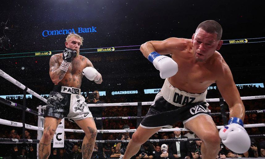 Nate Diaz takes a tumble during his boxing match against Jake Paul