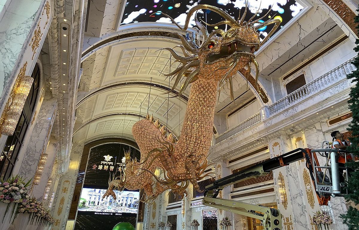 One of the crystal dragons hanging in the lobby of the Imperial Palace casino in Saipan