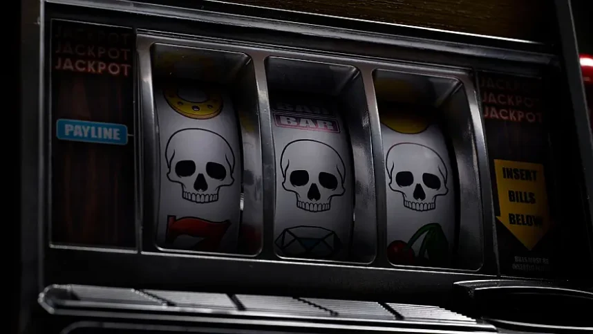A slot machine showing a payline of three skulls