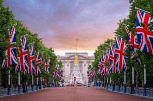 British flags line The Mall to Buckingham Palace