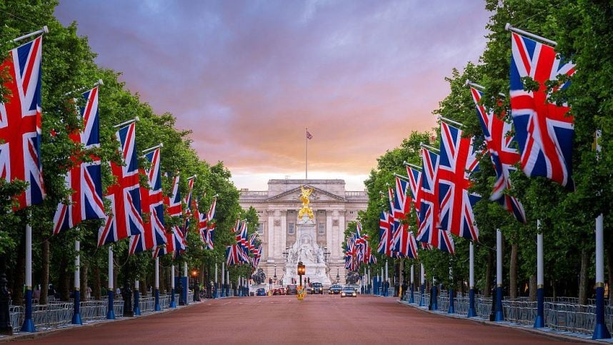 British flags line The Mall to Buckingham Palace