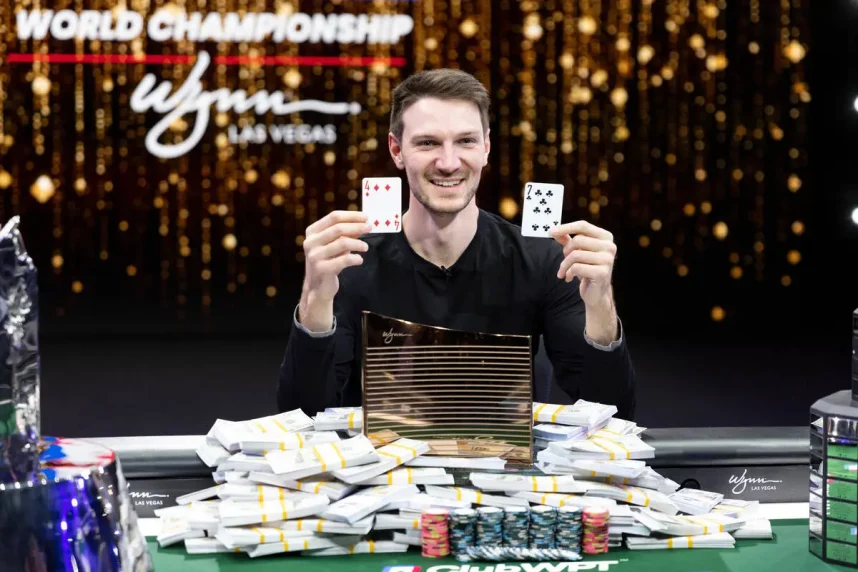 Eliot Hudon celebrates his win at the WPT World Championship in 2022