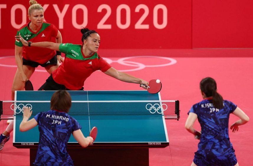 Miu Hirano and Kasumi Ishikawa of Japan in action against Szandra Pergel and Maria Fazekas of Hungary in the Tokyo 2020 Olympics
