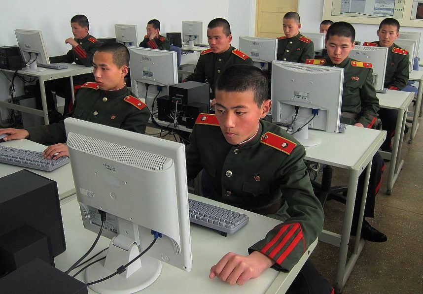 Students at the Mangyongdae Revolutionary School, in Pyongyang, North Korea, work on computers