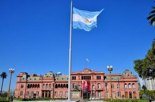 The Argentine flag flies at Monserrat Plaza in Buenos Aires