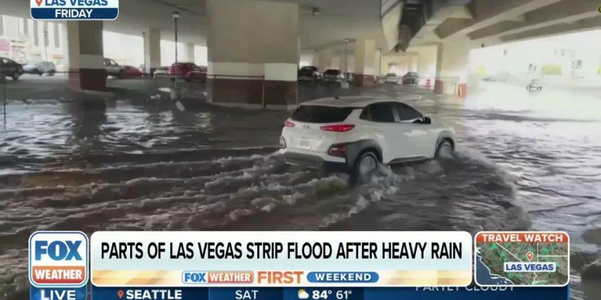 A flooded garage on the Las Vegas Strip