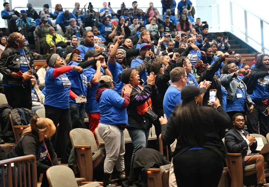 Striking Detriot casino workers attend a meeting