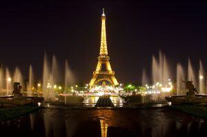 The Eiffel Tower lit up at night